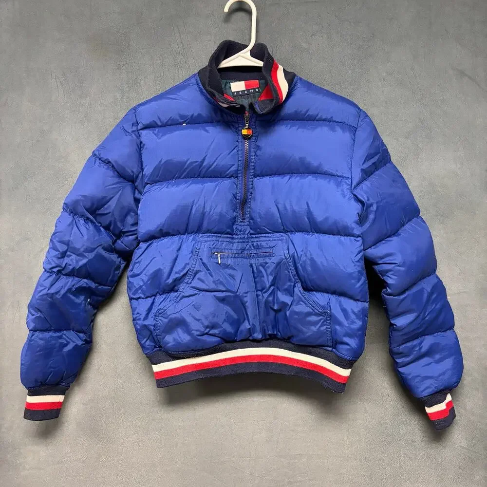 Vintage Tommy Hilfiger Jeans Down Puffer Jacket Blue Flag Logo 90s Youth Medium